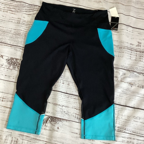 879.Zella Capri Leggings Black & Turquoise Sheer 2X NWT - Picture 1 of 4